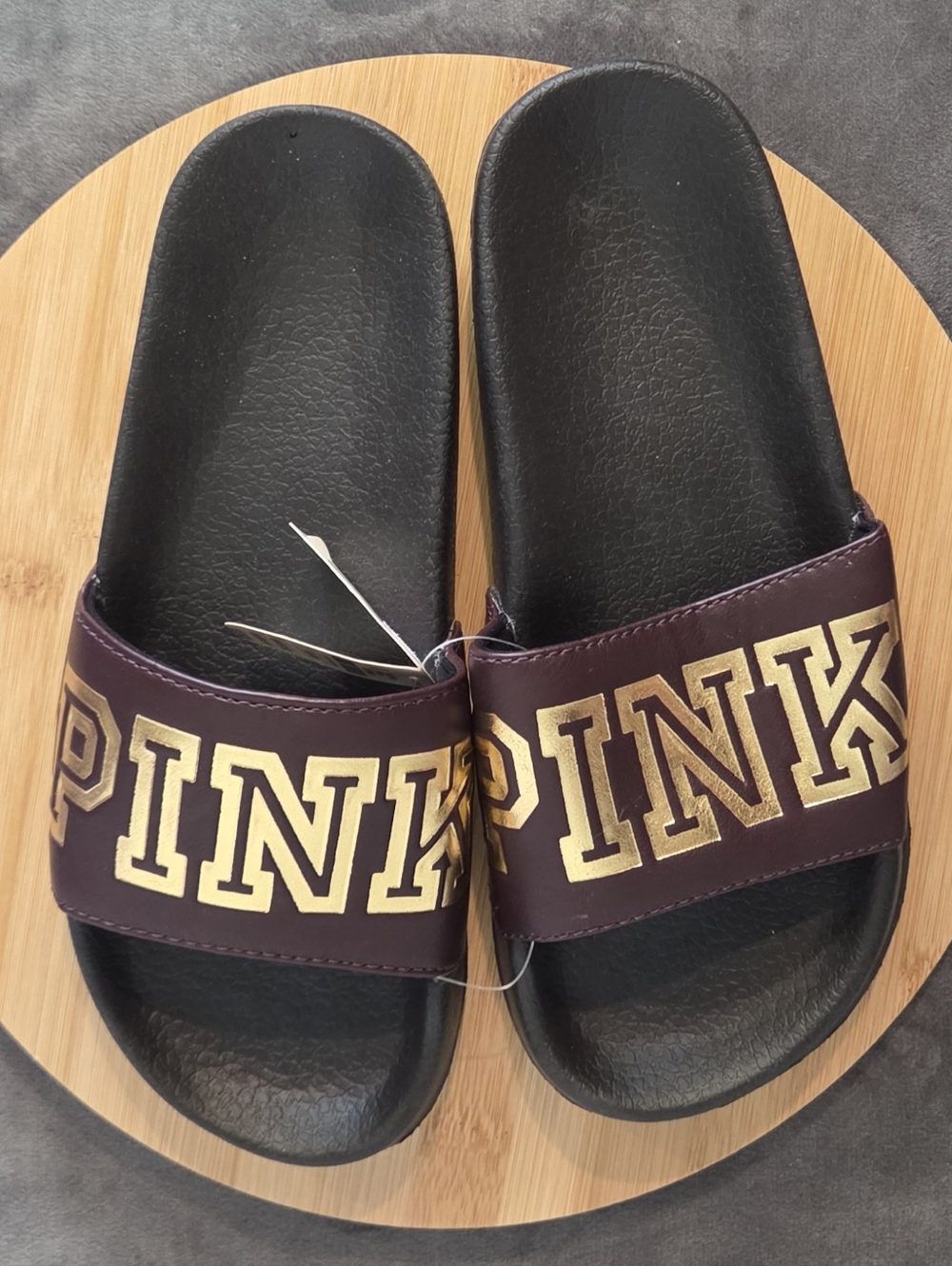 *NWT* PINK Victoria's Secret Brown Slide Sandals with Gold Logo